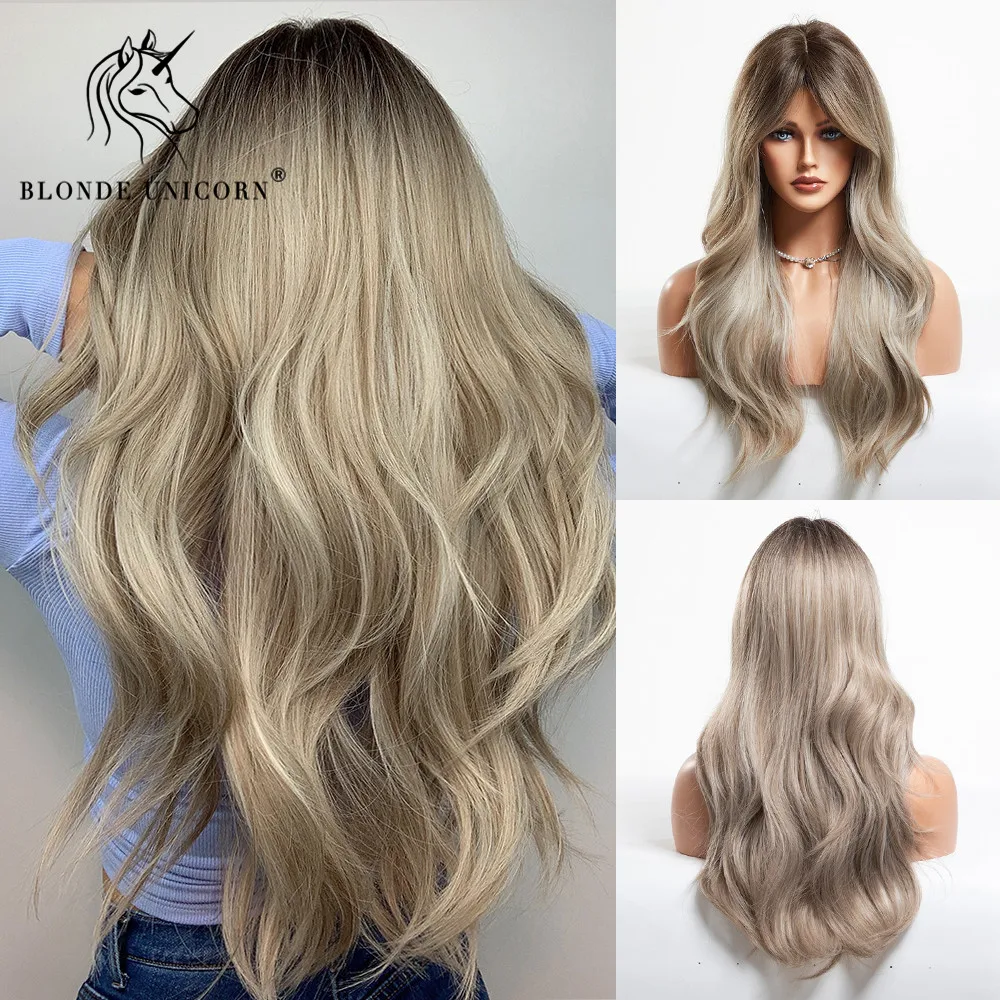 

Blonde Unicorn Synthetic Long Wavy Wig Ombre Grey to Blonde For Women Cosplay Daily Party Wigs Heat Resistant Fiber Bangs Hair