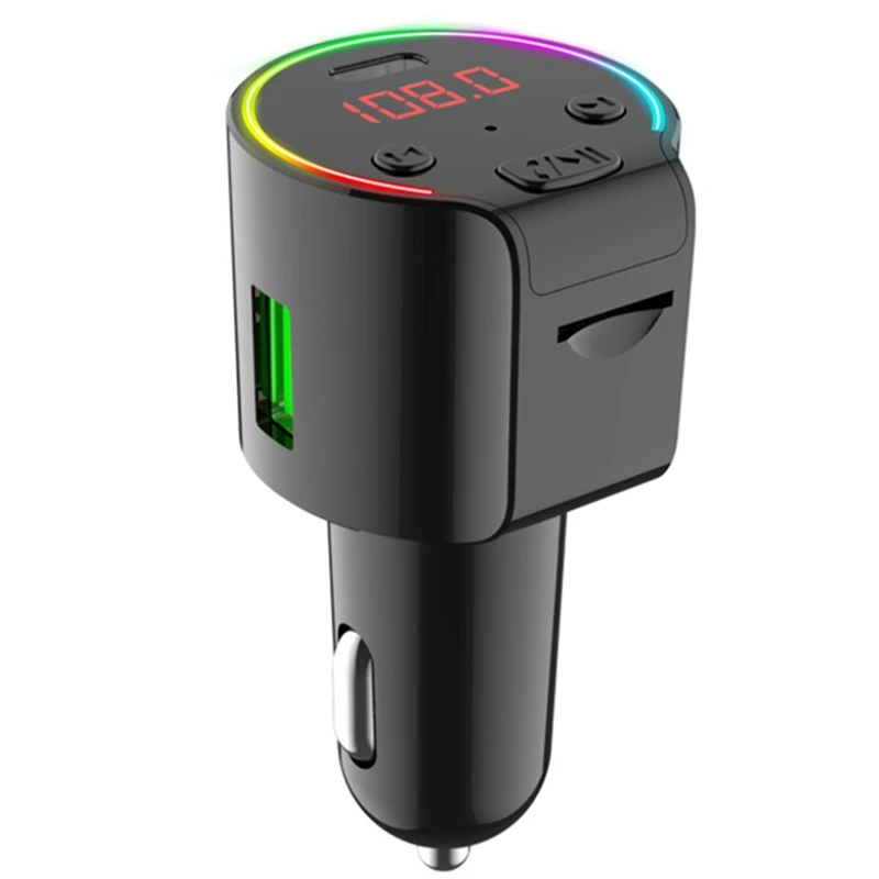 

G61 Car Bluetooth 5.0 FM Transmitter Type-C QC3.0 USB Charger Music MP3 Player Colorful Light TF Card