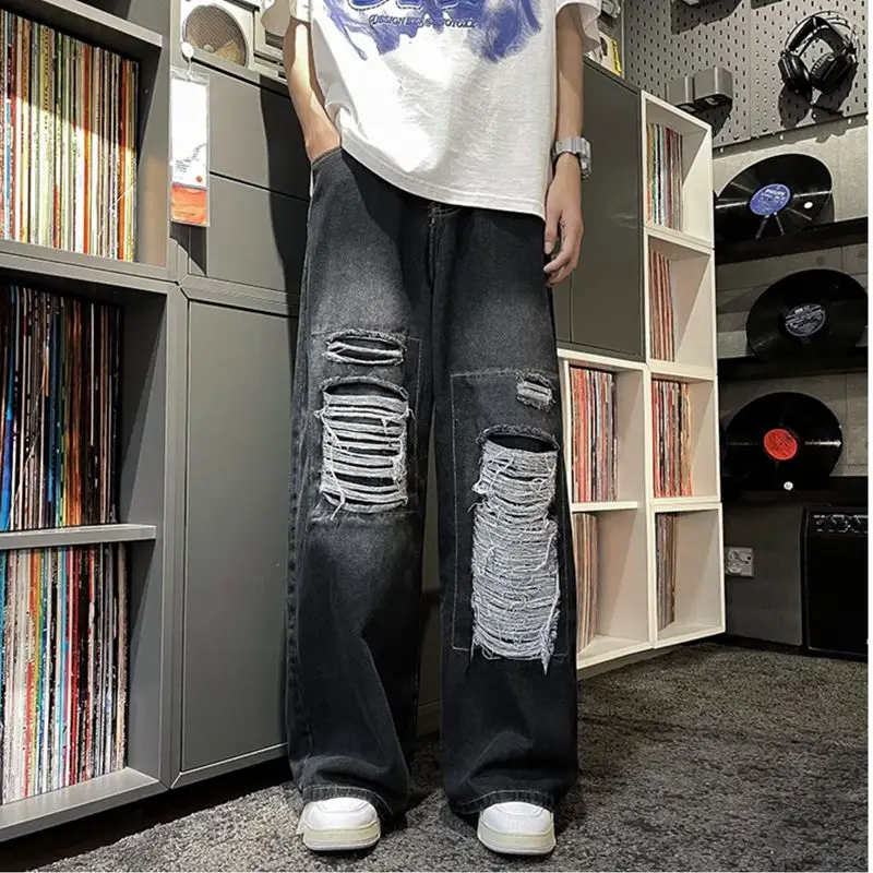 y2k Jeans 2023 New Korean Edition Broken Hole Design Senses the Streetwear hip hop  Wide Leg Jean for Men Straight Male Trousers