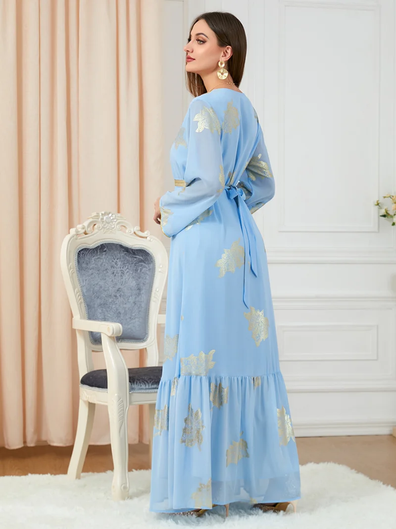 Party Dresses Muslim Abaya Women Dubai 2022 Iron Long Sleeve V-Neck Button Maxi Long Dress Tape Belted Kaftan Split Hem Vestidos