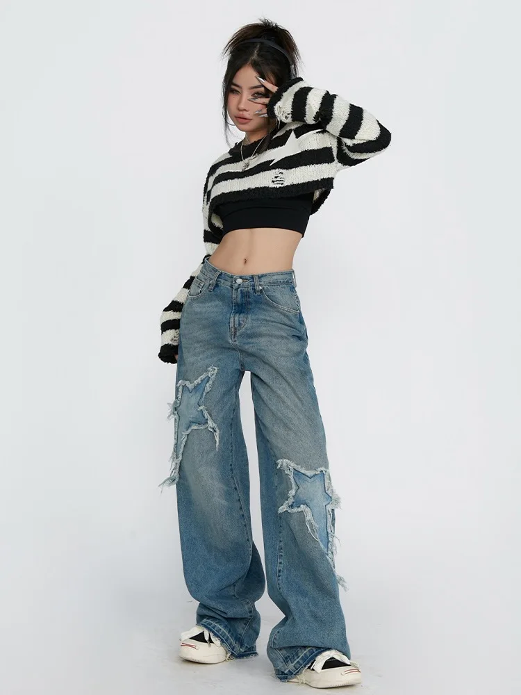 HOUZHOU Vintage Blue Star Jeans Women Baggy Grunge Y2k Denim Pants Gyaru Korean Streetwear Harajuku Wide Leg Distressed Jeans
