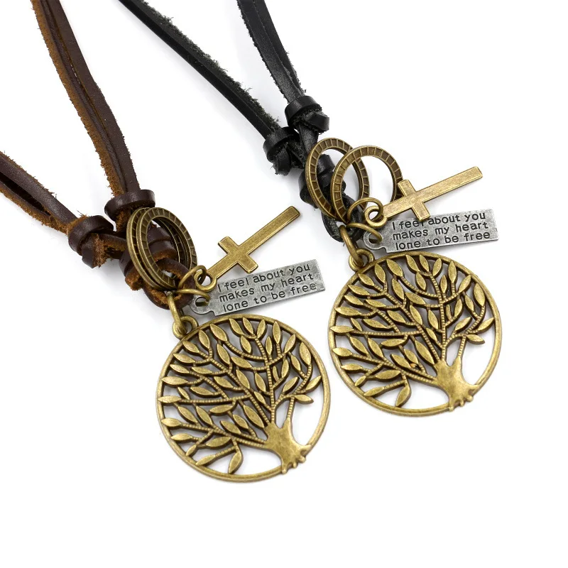 

Tree of Life Metal Charm Pendant Necklace Metal Cross Accessory Attached Leather Cord Band Necklace Collar Jewelry