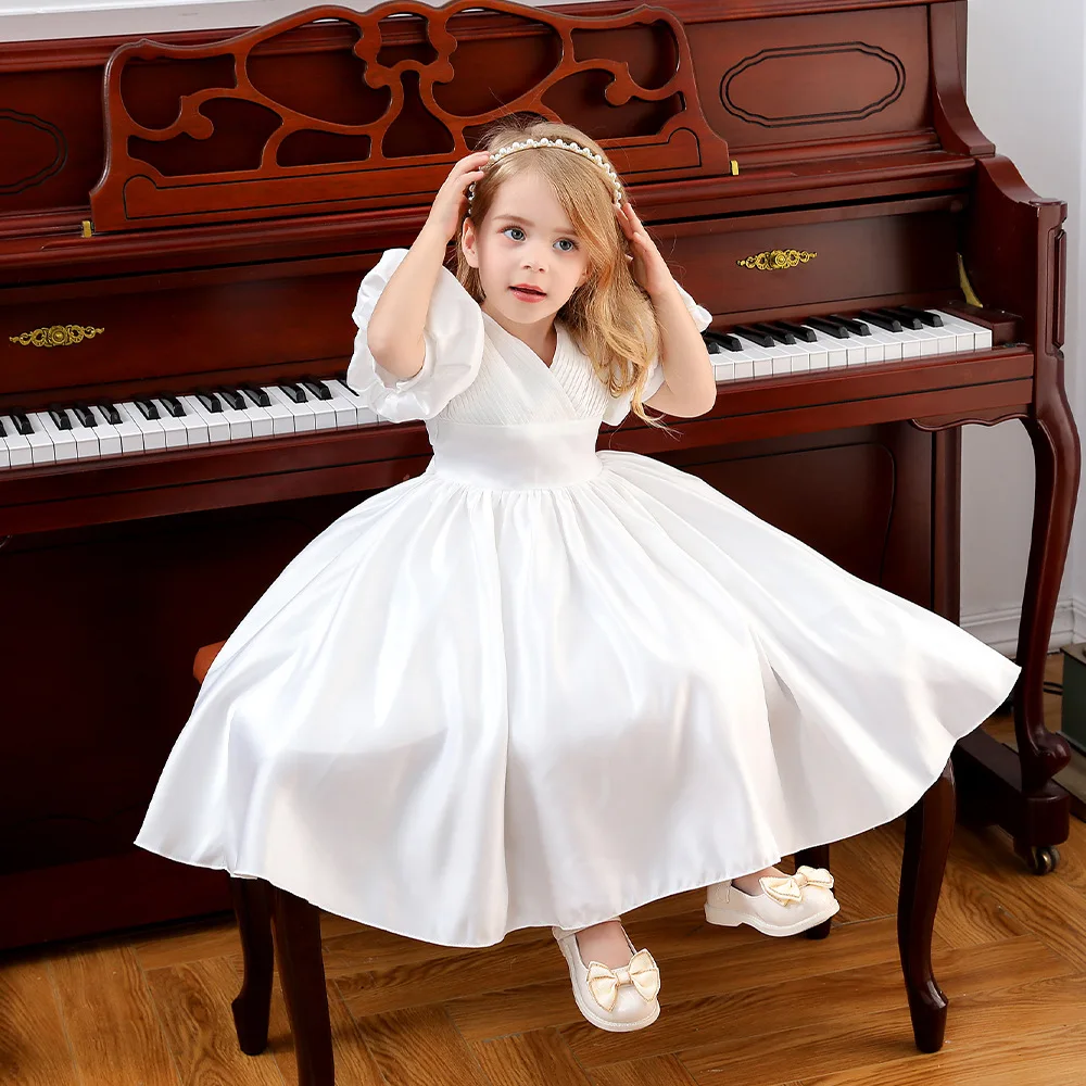 

2022 Summer New Style Solid White V-neck Flower 3-9 Years Girl Birthday Party Wedding Gown Children Dresses
