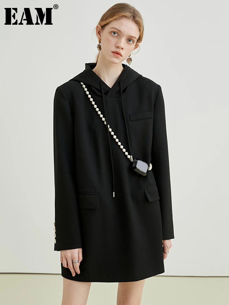 

[EAM] Women Black Pocket Big Size Mini Blazer Dress New Hooded Long Sleeve Loose Fit Fashion Tide Spring Autumn 2022 1DE2872