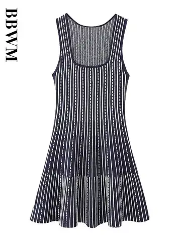 Knitted Mini Dress Woman Striped Sleeveless Dresses Summer Casual Short Dress Chic Female 2023 Vintage Square Collar Dresses