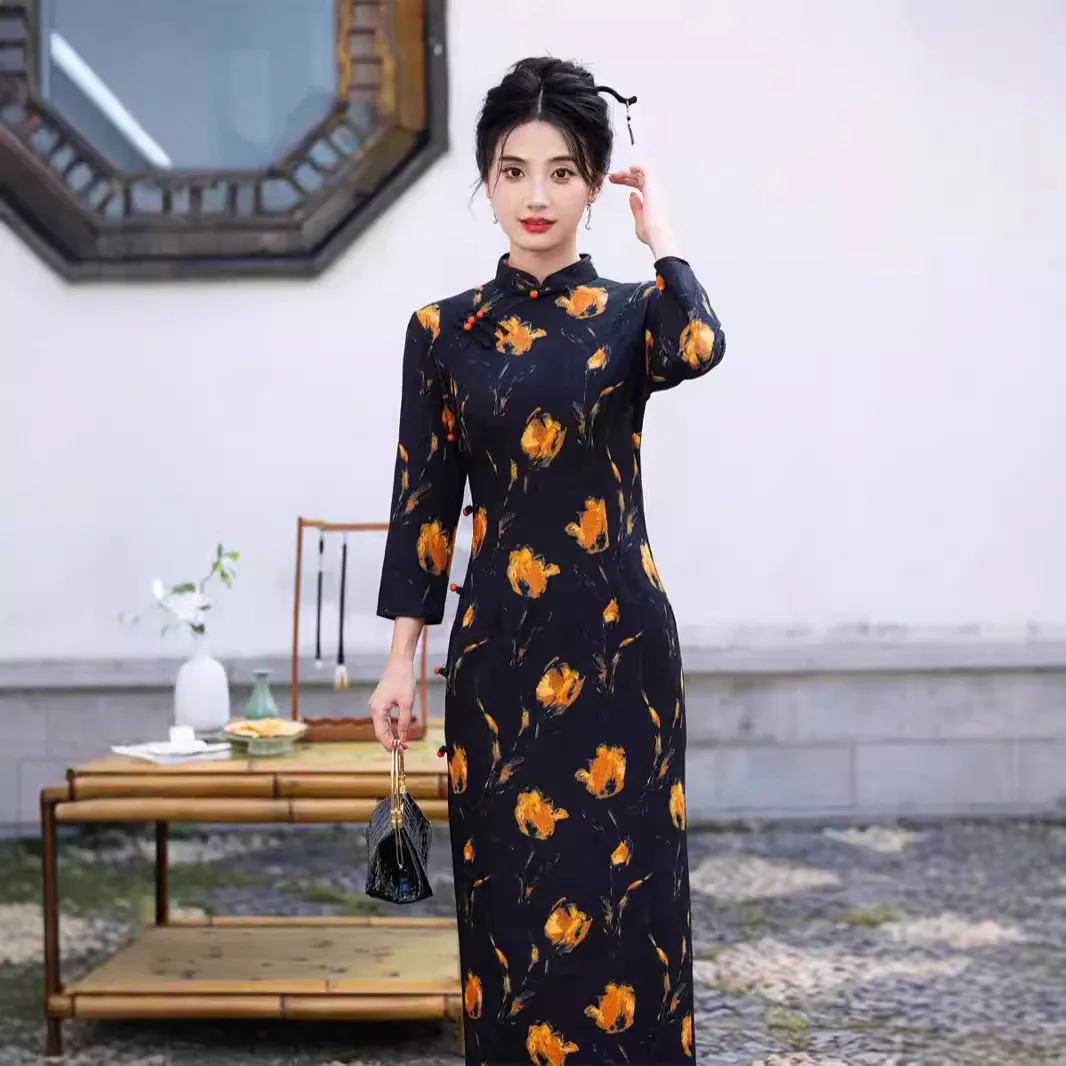 Plus rozmiar 3XL Qipao eleganckie kobiety Cheongsam Vintage sukienka w stylu chińskim seksowny nadruk długie rękawy Vestidos sukienki na co dzień