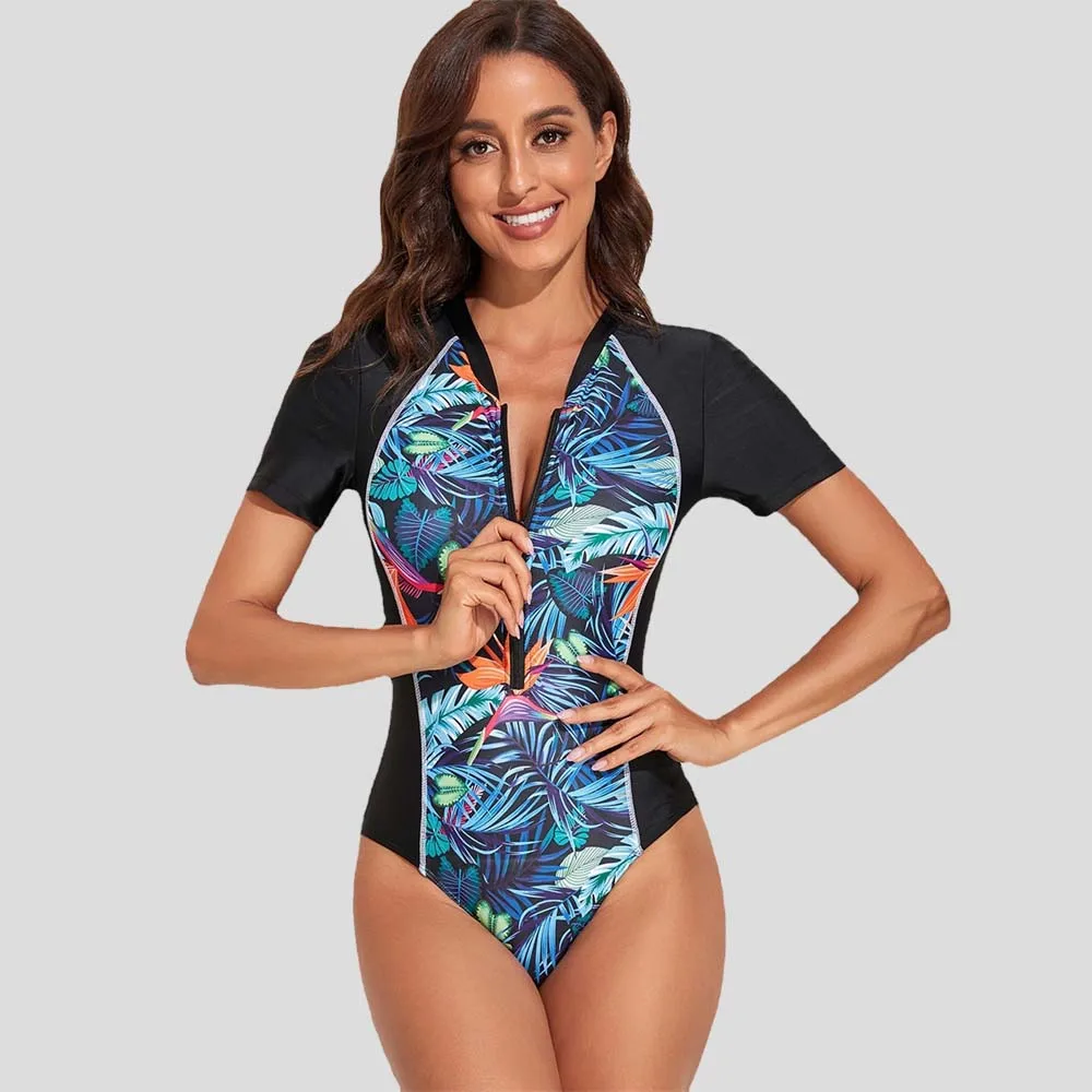 One Piece Swimsuit Women Short Sleeve Swimwear 2023 Female Floral Print Monokini Beachwear Bodysuit Bathing Suits