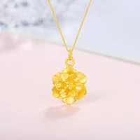 1pcs real 24k yellow gold pendant 3d hard gold peony flower for women gold pendant with thin au750 wheat chain mother gift