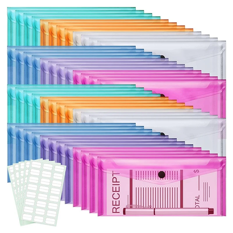 

48Piece Plastic Envelopes With Label Stickers School Office Storage Supplies Plastic Pencil Pouch Document Bag For A6 Size Files