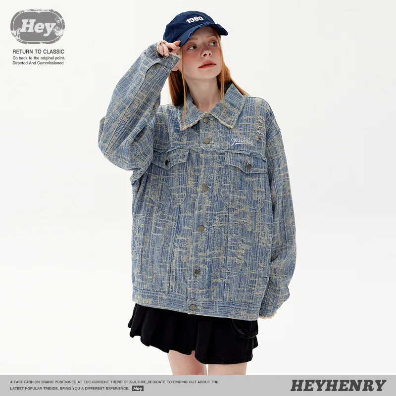 Retro Style Couple's Washed Denim Coat New Rough Selvedge  Denim Loose Denim Jacket Men's Women's Casual Sport Coat