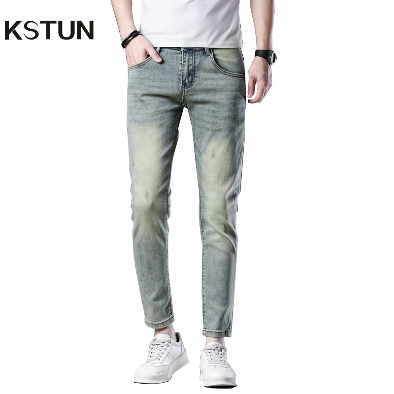 Мужские джинсы в стиле ретро синие облегающие брюки до щиколотки Стрейчевые