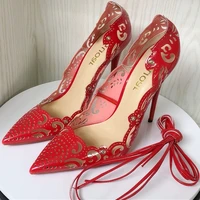 elegant summer ankle cross straps red green champagne color sandals women hollow out high heels sexy pointed toe shoes c007a