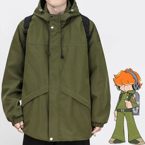 Трусики и чулки с подвязками Burifu, уличные куртки для косплея, значок для парика, оранжевый короткий вьющийся парик, зеленое пальто, толстовка с капюшоном, аниме Cos Set