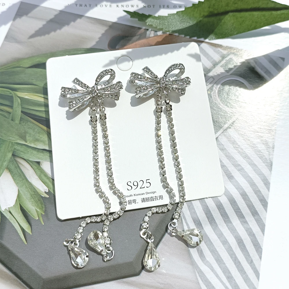 

Fashion Bowknot Tassel Drop Korean Earrings For Women Sliver Color Jewelry Modern Wedding Bridal Accessories Gifts