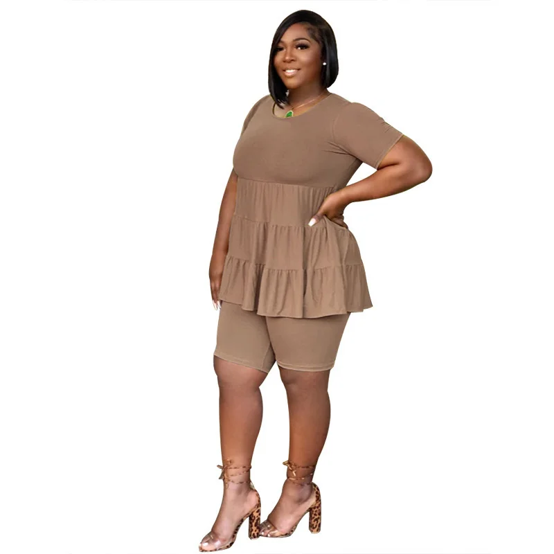 

Cutubly Summer Two 2 Piece Set New Casual Shorts Set Pants Sets Tight Solid Ruffles Women's O-neck Pleated Short Sleeve Crop Top