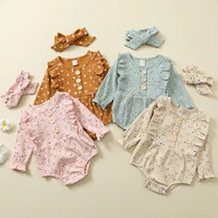 spring and autumn new baby small broken flower pit strip long sleeved romper headscarf two piece set