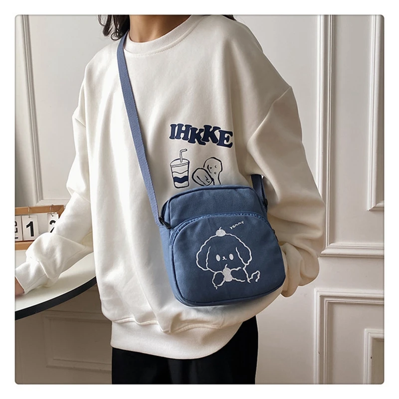 Cute Student Canvas Small Bag Girl Crossbody Bag Fashion Simple Messenger Tote Bag Zipper Cloth Fabric Mobile Phone Bag