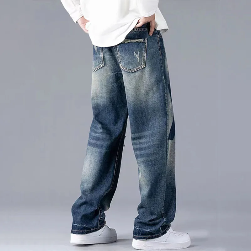 Blue Ripped Holed Wide Leg Jeans Men High Quality Loose Casual Denim Pants Autumn Hip Hop Streetwear Baggy Jeans for Men