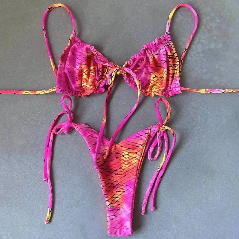 Сексуальные стринги с принтом и оборками женские купальники женский купальник