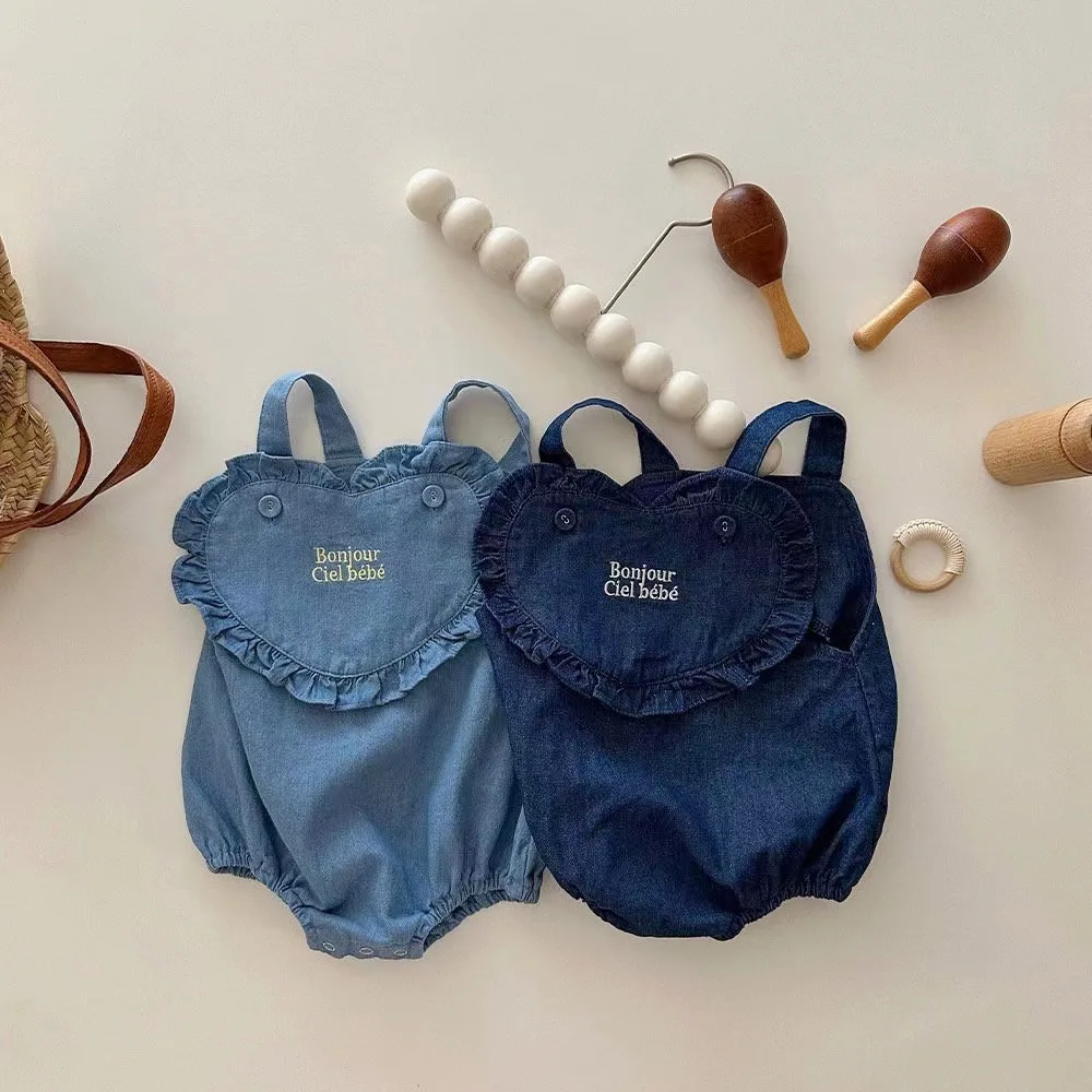

2023 AncoBear Summer Denim Rompers For Baby Girls Kids Korean Letter Print Suspender Bodysuits Children Blue Jeans Jumpsuit