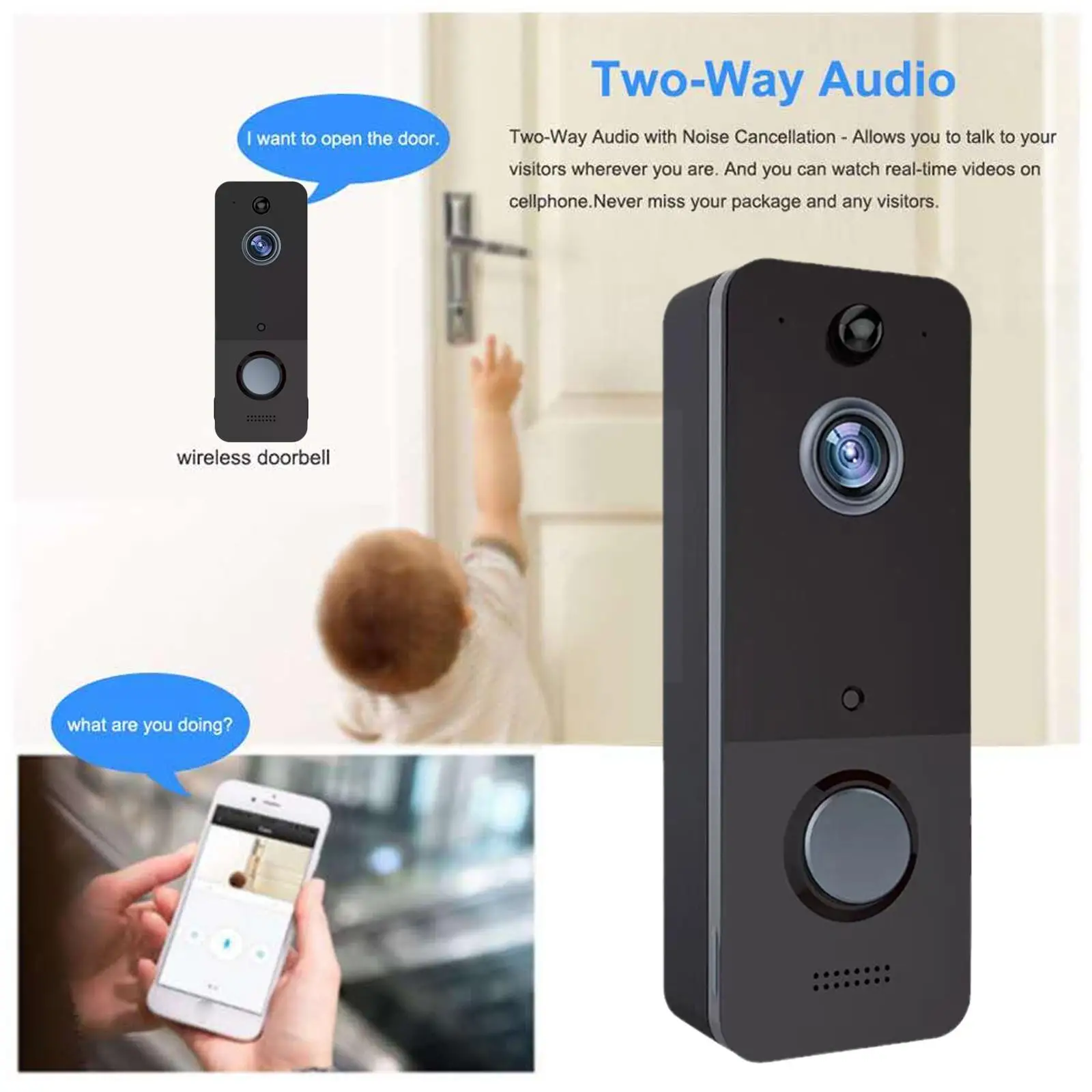 

1080p Video Doorbell Camera Wifi Wireless Way Audio 2 Bell Outdoor Alexa Support Home Door Home Intercom H4j6