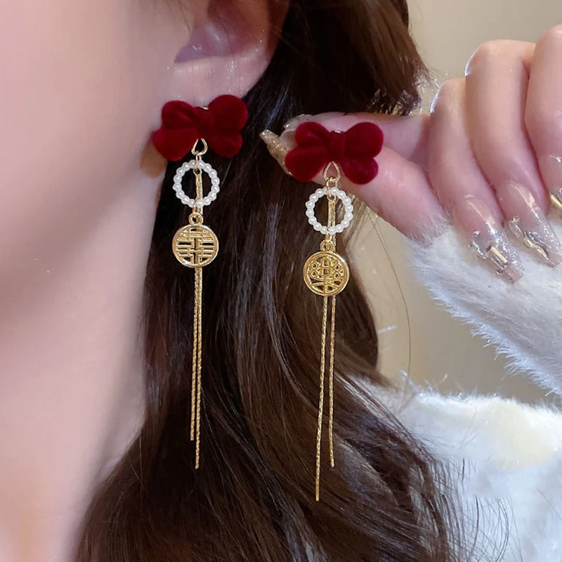 Новые модные зимние красные бархатные серьги KADRUFI с бантом и жемчугом для женщин