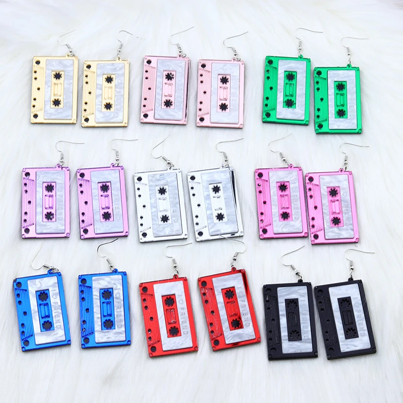 Vintage Simulation Cassette Tape Acrylic Earrings For Women Funny Multicolor Geometric Mirrored I Love Friend Tape Drop Earrings