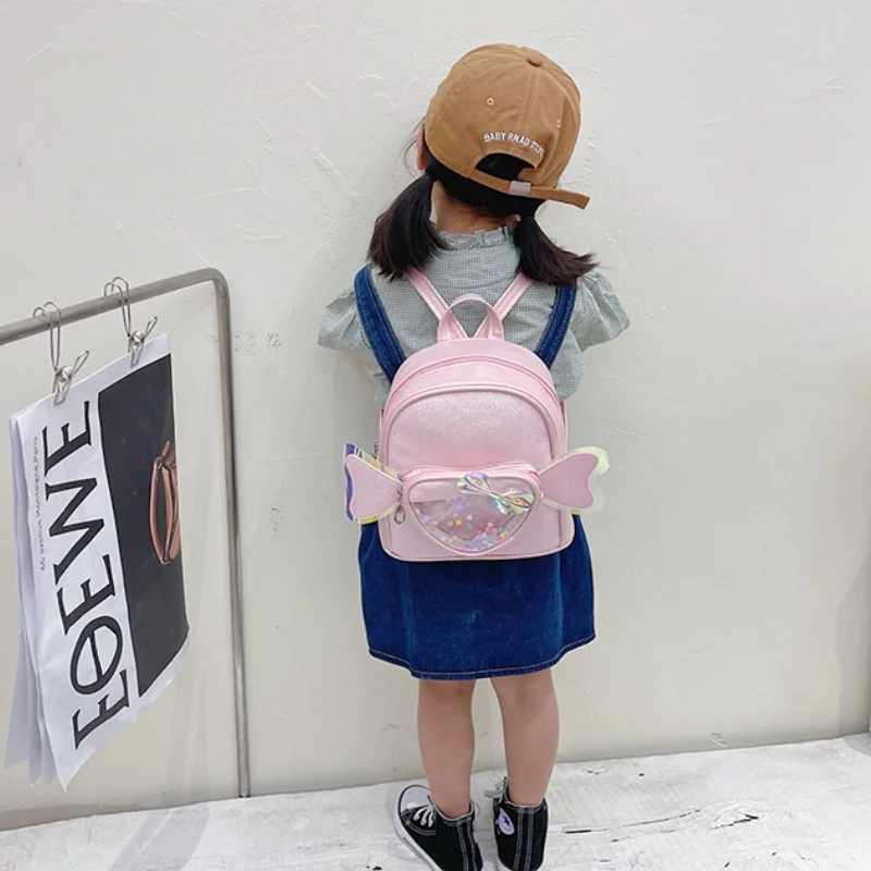 Children Fashion Transparent Laser Bow Small Backpack with Wings New Girls Princess Sweet PU Solid Color Schoolbags for Travel