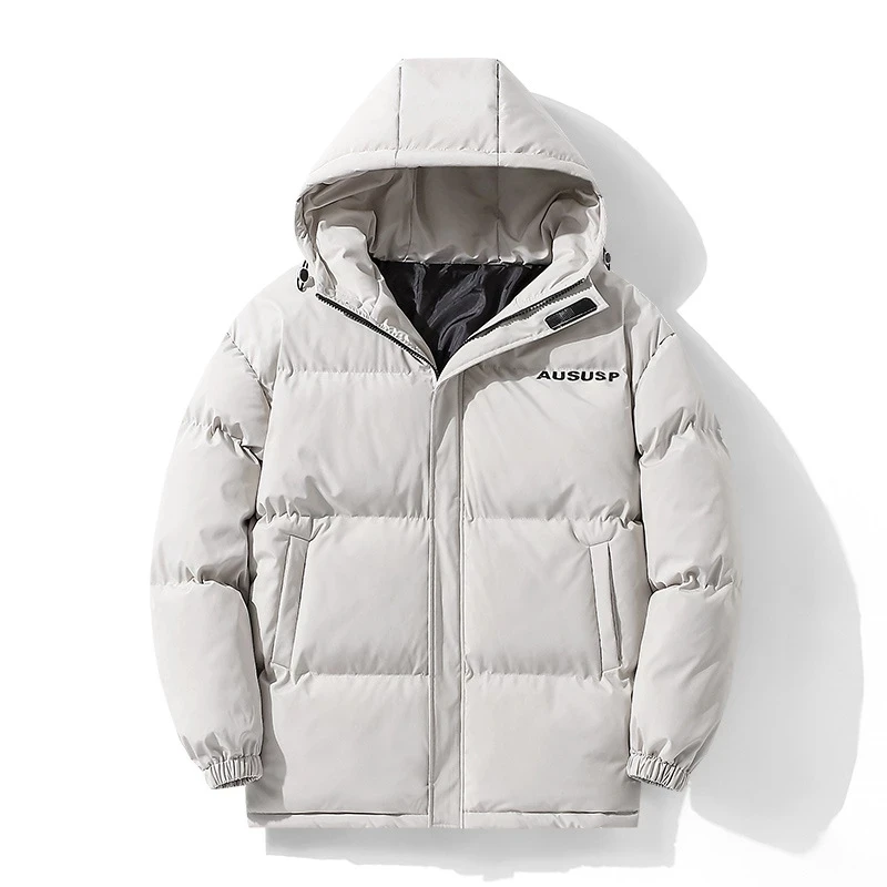 New Cotton Padded Jacket for Men Winter Thickened Parkas Loose Ins Korean Fluffy Bread Jacket Chest Print Hooded Outwear Coats