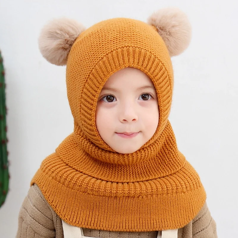 Autumn and Winter 2022 Girls' Korean Double Ball Ear Protection One piece Hat Boys' Knitted Wool Hat One piece Shawl Children's