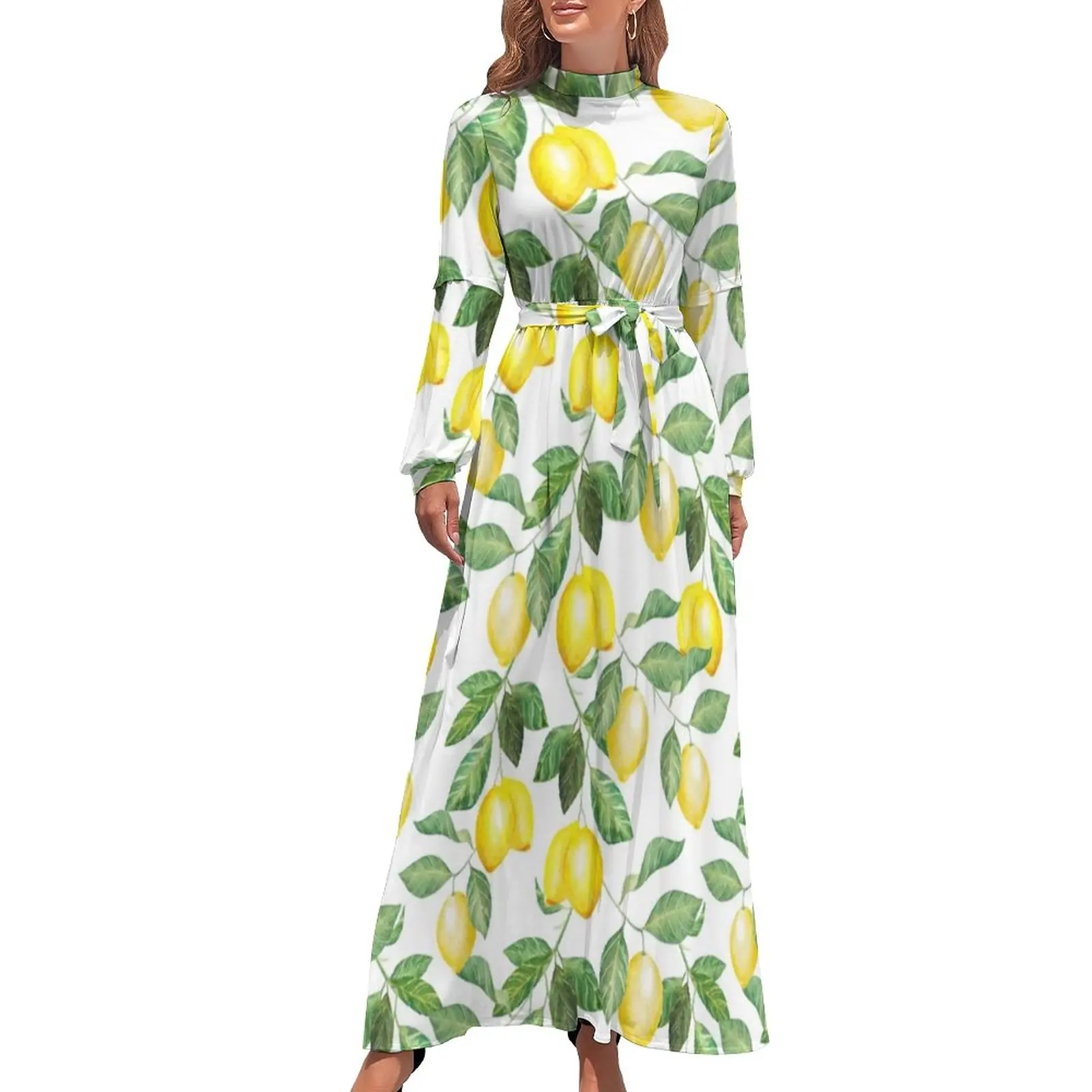 

Summer Fruit Dress Long Sleeve Modern Lemon Leaf Print Sexy Maxi Dress High Waist Streetwear Boho Beach Long Dresses Gift Idea