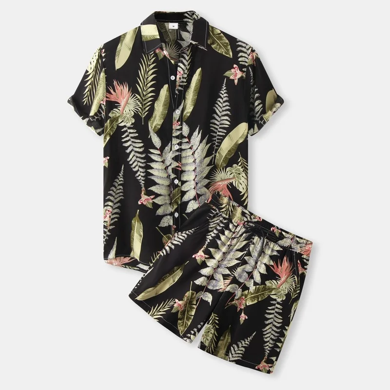 

Men Outfit Set 2022 Summer New European and American Men's Shirt Set Ethnic Style Fashion Short-sleeved Shirt Shorts 2-piece Set