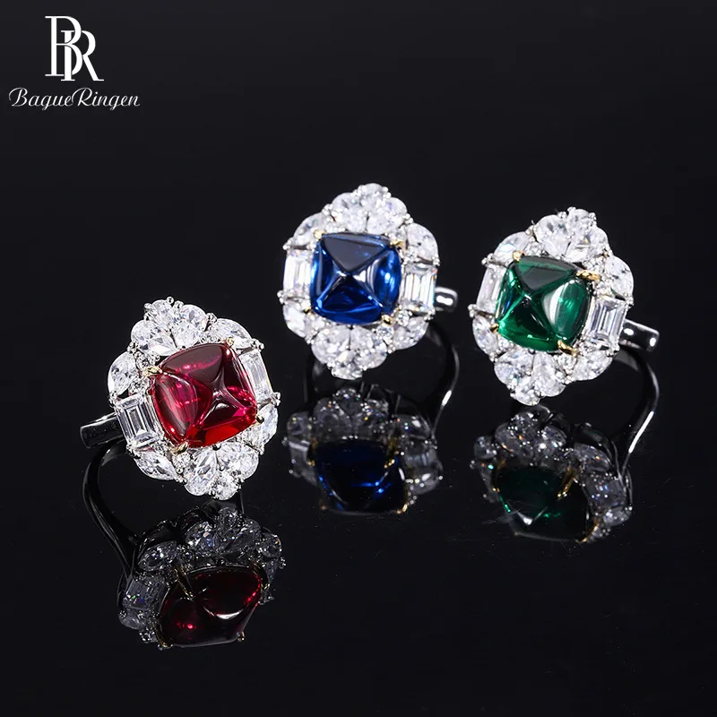 

Bague Ringen 925 Sterling Silver 3 Colors Gemstone Rings For Women Simple 12*12mm Sapphire Ruby Emerald Wedding Party Gifts