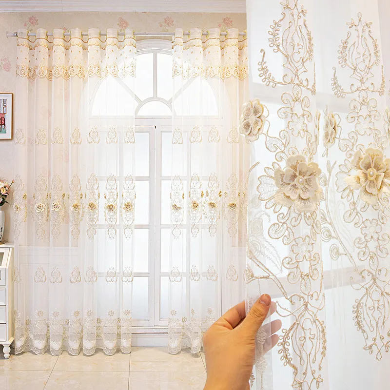 

Luxurious Romantic 3D Relief Embroidered Tulle Curtain For Living room Bedroom European Atmospheric Embossed Sheer Drapes Custom