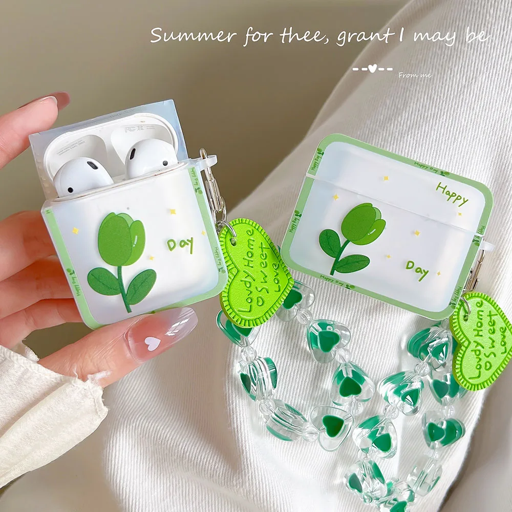 

Милый чехол с зеленым тюльпаном и цветком для наушников Apple AirPods 1, 2 Pro, зарядная коробка для наушников Air Pods 3, чехлы с ремешком и браслетом в фо...