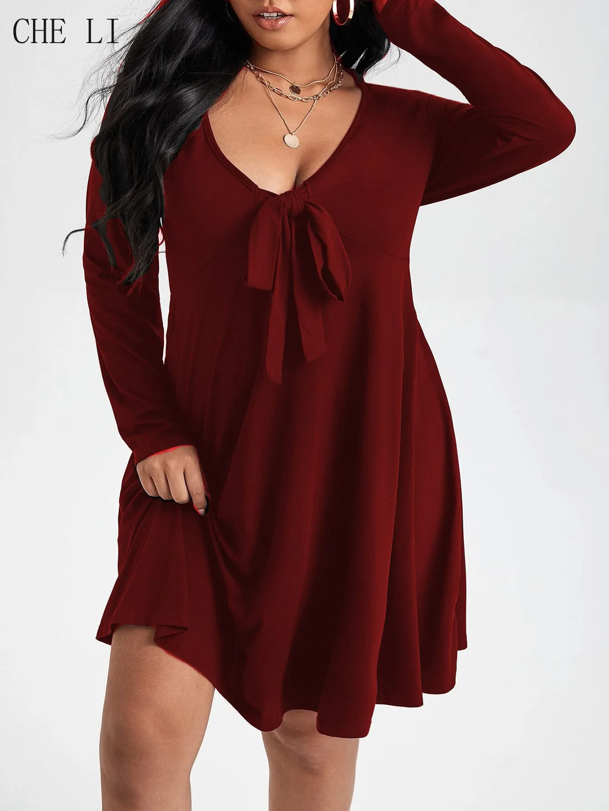 Temperament Commuter Women's Plus Size Dress Spring and Autumn Sexy V-neck Straps Elegant Solid Color Long-sleeved Dress Female