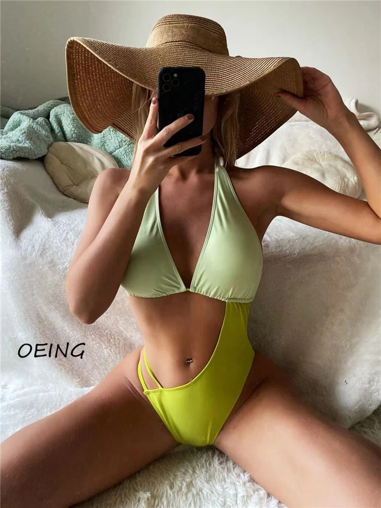 

One Piece Swimsuit Women Halter Sexy 2022 Summer Backless Bandage V Neck