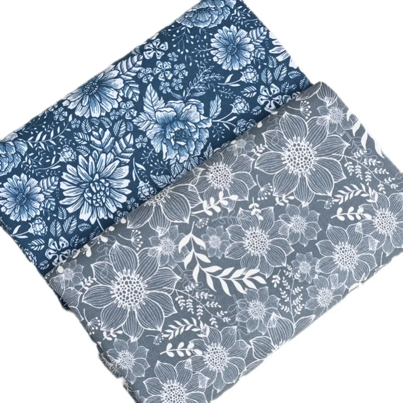 Half Yard 100% Cotton Plain Fabric With Retro Blue Flower Print Handmade DIY Garment Dress Shirt Sewing Cloth CR-1479
