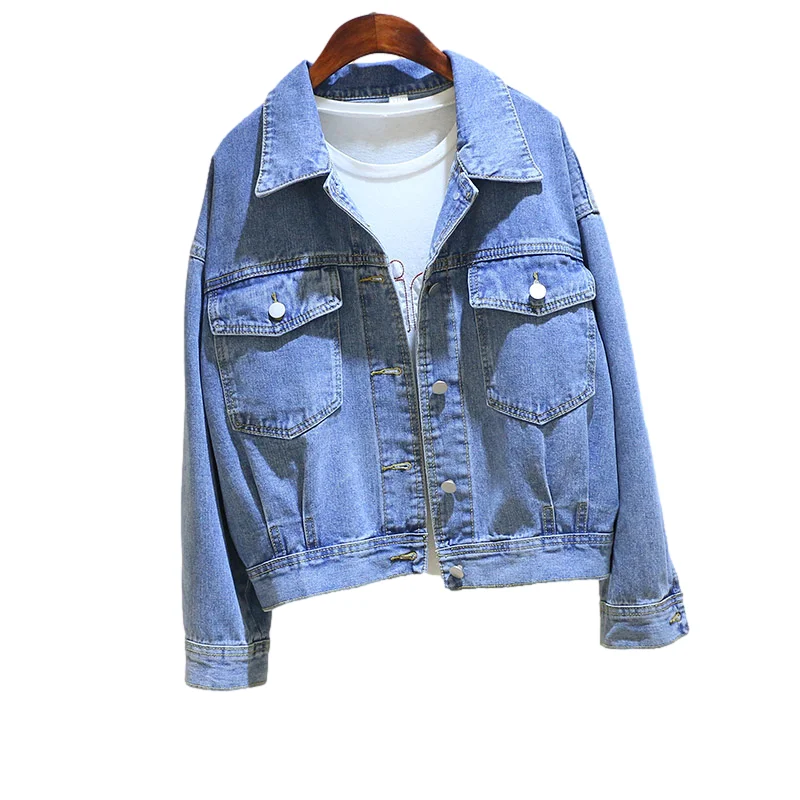 

Autumn New Vintage Blue Denim Jacket Coat Women Loose Short Student Cowboy Outerwear Long Sleeve Big Pocket Jeans Jacket Female