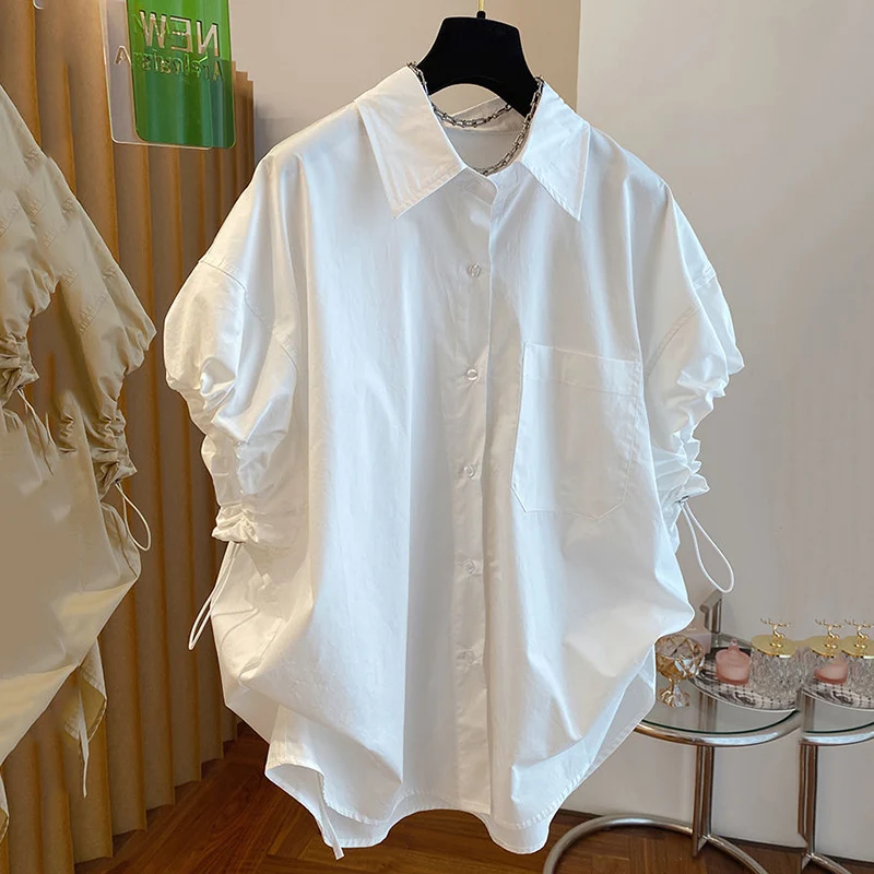 

2023 Blusas Mujer De Moda Summer Blouse for Women Turndown Collar Short Sleeve White Shirts Drawstring Korean Chic Ladies Tops