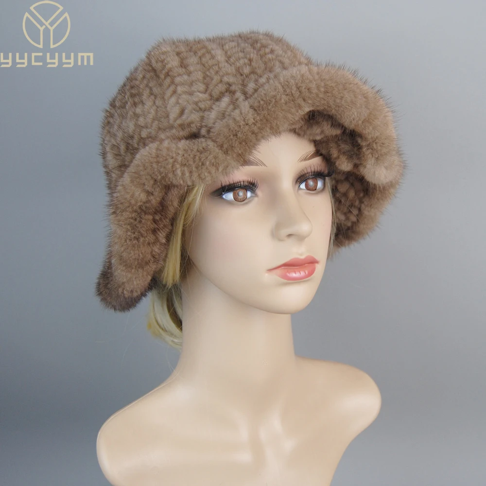 Women's Hat 2023 New Winter Real Mink Fur Hat Casual Luxury Flower Knitted Bucket Hat Pots Cap Lady Natural Mink Fur Cap Beanies