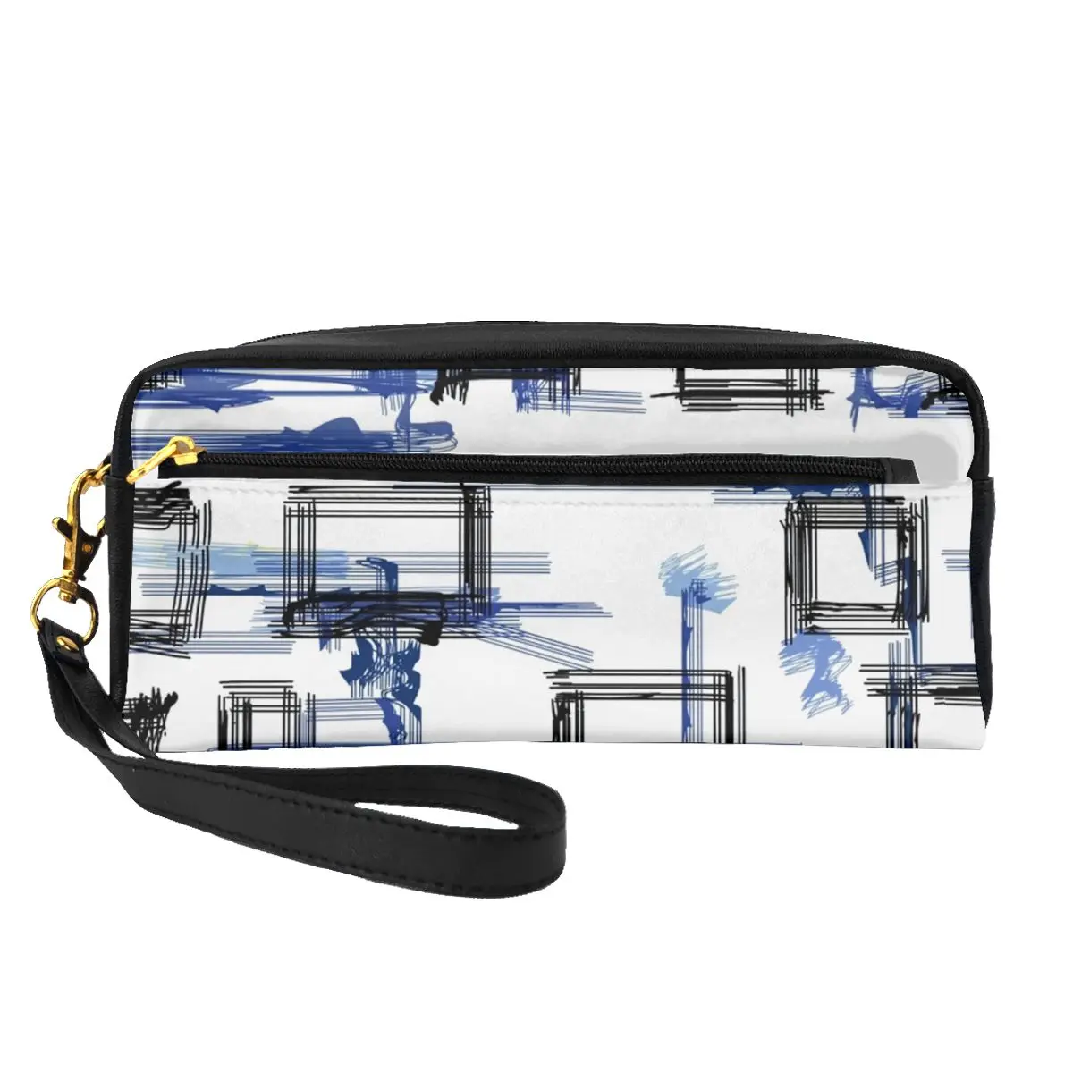 

Кожаные Органайзеры для хранения в скандинавском стиле, многофункциональная дорожная косметичка с принтом черных и синих линий, женские ко...