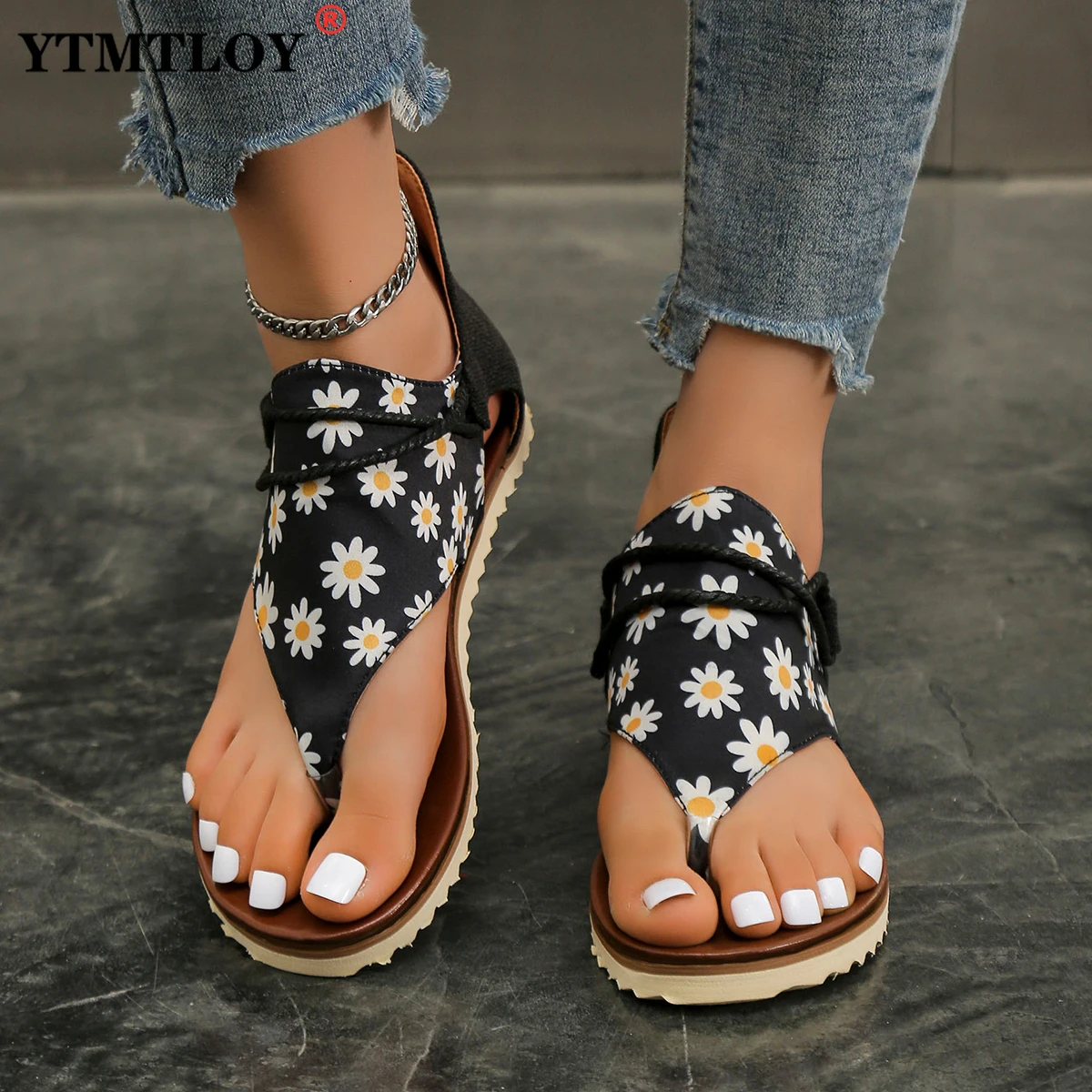 

Шлепанцы женские в римском стиле, повседневные сандалии для отдыха на открытом воздухе, дышащие, плоская подошва, с принтом, летние