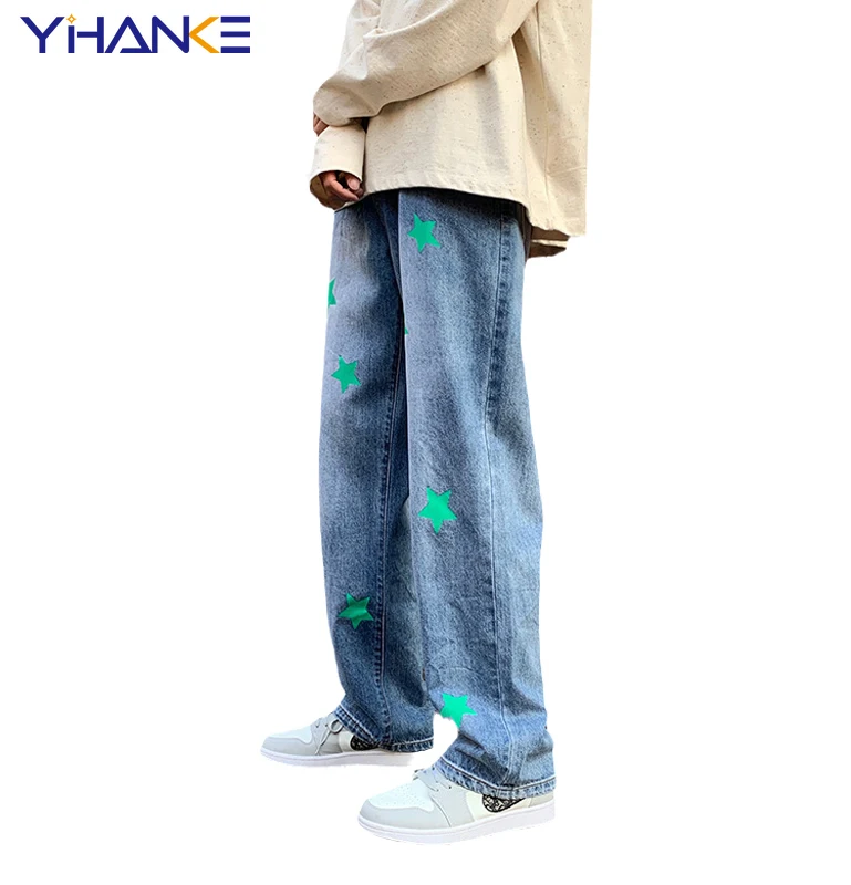 YIHANKE Spring New Trend Men Pentagram Print Jeans Straight Leg Pants Loose Wide Leg Jeans Pants Fashion Men Trousers Pantalones