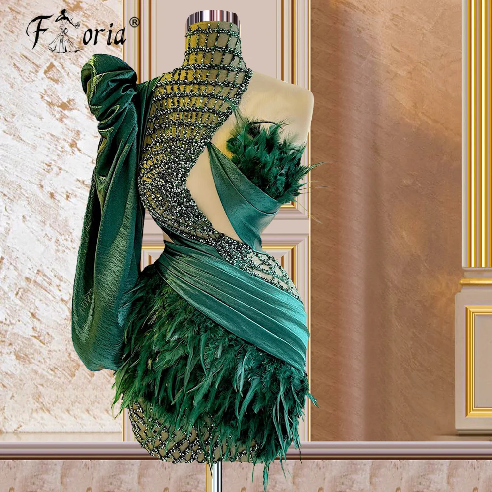 

Elegant Emerald Green Mini Cocktail Dresses 2022 One Shoulder Luxury Beaded Feathers Short Celebrity Dress платье на выпускной