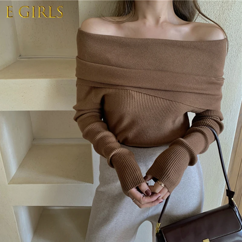 E GIRLS Chic Korean Off Shoulder Sweater Women Fashion Club Sexy Long Sleeve Knitted Sweaters Female Top Jumper Pull Femme