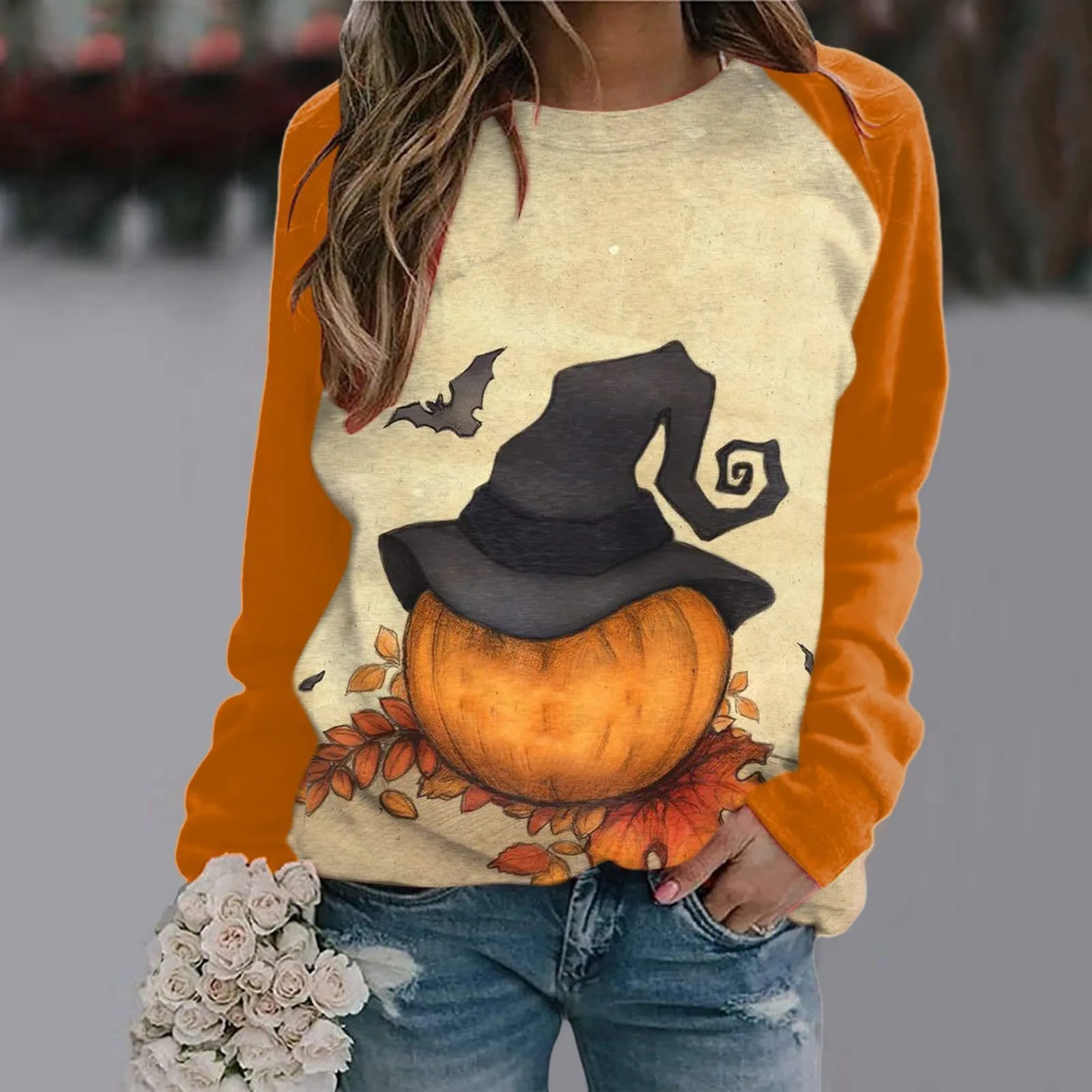 

Повседневный пуловер, толстовки, осень 2023, Женская 3D цифровая печать, свитшот с круглым вырезом и темным узором в виде тыквы и замка на Хэллоуин