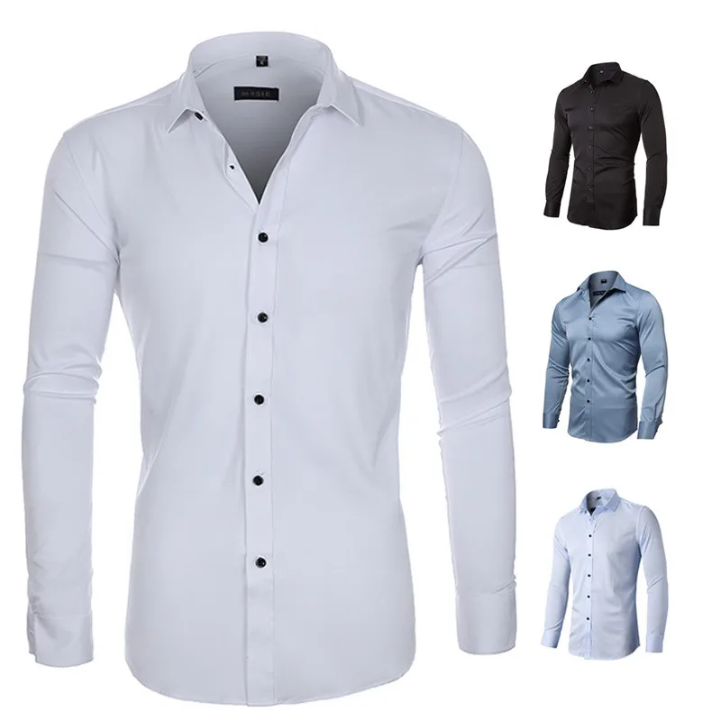 

Men's Long Sleeved Casual Elastic Shirt Fashion Shirts For Men Business Work Clothes Top Slim Fit solid shirt