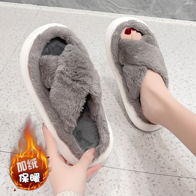 

2023 Winter New Plush Women Sliipers Fashion Fur Warm Women's Shoes Open Toed Casual Female Flip Flops Zapatos De Mujer