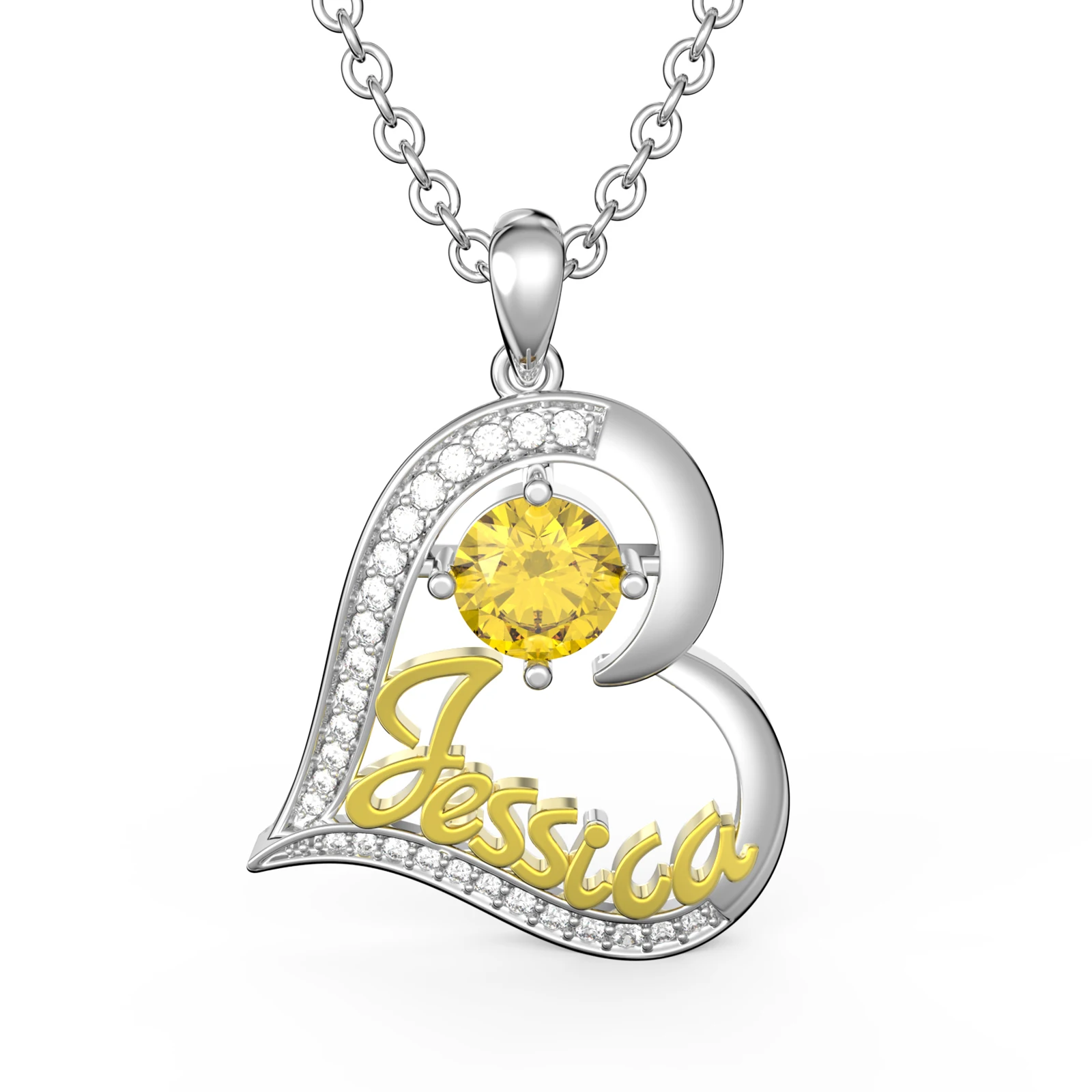 Personalized Custom Name Gold Plated Heart Pendant 3D Necklace with Birthstone